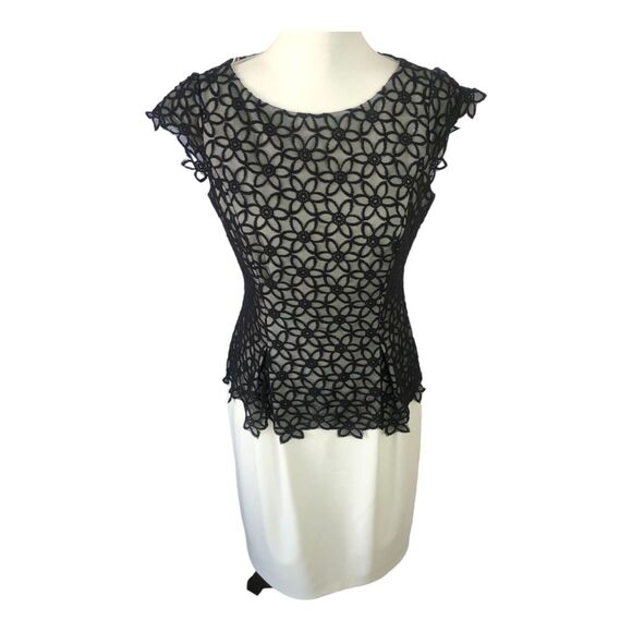 Adrianna Papell Black Lace Overlay Short Sleeve Peplum Knee Length Dress Sz 6 - Picture 3 of 16